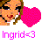 Pixelated image of a woman with brown hair and blue eyes holding a large pink heart, with 'Ingrid<3' text below.