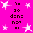 Bright pink background with white star shapes and repeated text "i'm so dang hot !!!" in dark brown pixelated font.