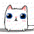 Pixelated white cat face with large blue eyes, pink inner ears, and a small black nose surrounded by multicolored pixel dots.