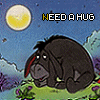 Animated icon of Eeyore sitting on grass under a moonlit sky with "NEED A HUG" text above.