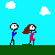 Pixel art animation of two stick figures walking on a green path under blue sky with white clouds, one figure in pink dress and brown hair running ahead while the other collapses into crawling then lying down.