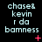 Pixelated text 'chase& kevin r da bamness' on black background with red symbols changing across frames.