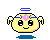 Pixel art character with yellow face, blue halo, and wings; two expressions shown: smiling eyes open and closed.