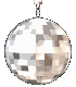 Two silver disco ball icons with pixelated reflective surfaces, each suspended by a thin metallic stem against a gray background.