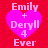 Four identical pink heart-shaped icons with white text on a red background, each displaying 'Emily + Deryll 4 Ever' in pixelated font.