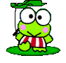 Green cartoon frog with large white eyes and pink cheeks stands on green grass holding a leaf umbrella, wearing red-and-white striped shorts.