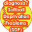 Yellow softball with red stitching overlaid by orange text blocks containing phrases like "diagnosis? Softball Deprivation Problems (SDP)" and "cure? softball season".