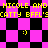 Pixelated icon with pink and black checkered background, yellow text repeating 'NICOLE AND NICOLE AND CATTY BFFL'S', and three smiling face emoticons.