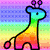 Pixelated giraffe with rainbow gradient body stands against colorful striped background, holding pink text blocks reading "nana super cute!".