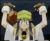 Animated sequence of a character with purple hair and green headwear performing actions including raising arms, changing facial expressions, and eyes glowing blue.