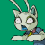 A 4-frame contact sheet of a pixelated zombie cat character with large eyes and antennae, wearing a blue outfit with red collar and yellow accents, displayed against a solid green background.