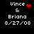 Pixelated text displays 'Vince & Briana 8/27/08' with red heart and red dot cluster icons replacing the ampersand in different frames.
