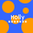 Blue background with orange circles; white text 'Holly' above orange circles with white dots; orange circles shift position between frames.
