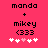 Pixel art icon with pink background showing text 'manda + mikey (333)' and five heart symbols, two versions differ in heart color sequence.