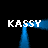 Pixelated blue and white text 'KASSY' repeated four times in a square formation with glowing blue lines connecting the corners on black background.