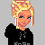 Pixelated image of a blonde woman with blue eyes wearing black clothing, alongside partial body views and text elements on gray background.
