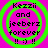 A static digital image with bright pink background and green concentric circles surrounding text reading "Kezii and jeberz forever !! ;) !!".