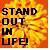Pixelated text reads "STAND OUT IN UFO" over a fiery orange-yellow gradient background with scattered red and yellow pixel clusters.