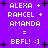 Purple background with white pixelated text listing names and a smiley, surrounded by black plus signs.