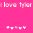 Pixelated text 'I love tyler' repeats across a bright pink background with two of pixelated hearts below