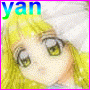 Animated image of a cartoon girl with blonde hair and green eyes, text 'yan' in gradient colors above her head.
