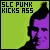 Pixelated static image with green background, black text reading "SLC PUNK KICKS ASS", and purple-toned face on right side.