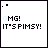 Pixelated text "OMG! IT'S FIMSY!" with blue and black lettering on white background, animated by changing small symbols around the text.