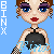 Pixelated character with brown hair, blue eyes, purple eyeshadow, red lips, and black top against light blue background.