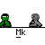 Animated sequence showing a green and gray figure with black hair performing actions above a of 'Mk' labels, including holding an exclamation mark and interacting with pixelated earth graphics