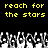 Yellow pixelated text 'reach for the stars' repeated twice on black background above grayscale hands reaching upward.