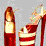 Pixelated image of a woman in red dress with white accents, brown hair, and high heels against gray background.