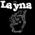 Pixelated icon displays 'Layna' text in white, pink, and green with a gray hand gesture on black background.
