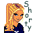 Two pixelated frames of a cartoon-style female character with long blonde hair and blue eyes, each accompanied by vertically stacked text reading "Shorty" in different colors.