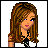 Pixel art contact sheet showing six frames of a female character with long brown hair wearing a white crop top and black pants, including full-body views, torso close-ups, legs, and text reading "good charlotte chick".