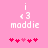 Pixelated pink background with white text 'i <3 maddie' and five red heart symbols below, where the third heart is lighter than others.