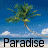 Pixelated beach scene with palm tree, blue sky, and white clouds; text "Paradise" appears in black and cyan fonts.