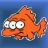 Pixelated orange fish with large white eyes and brown stripes on a blue gradient background.
