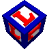 blue and white cubes with red 'L' letters on each face, arranged in a pattern against a gray background