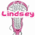 Pixelated pink and gray lacrosse stick icon with 'Lindsey' text on left side, transitioning to solid pink circle in center of netting.