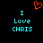 A pixelated image with a red heart symbol above two identical text blocks reading "I Love CHRIS" in cyan on black background.