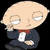 Pixelated cartoon character with large head, closed eyes, and hand near face, wearing dark suit with red tie and white shirt, displayed in four