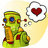 Pixelated green character with blue eyes and orange accents holds a thought bubble containing a red heart.