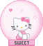 Pixelated Hello Kitty avatar with pink bow and dress inside pink circular bubble, text 'SWEET' on pink banner below, small pink hearts floating around.