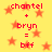 Yellow background with red pixelated text and orange stars; text reads "chantel + bryn = bff" repeated twice in a pattern