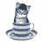 A 3x3 contact sheet of nine animated frames showing a blue-and-white ceramic cat in a teacup, each frame depicting slight variations in the cat's pose and expression while seated on a matching saucer.