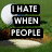 A golf-themed animated icon with a white ball on green grass, showing sequential text changes about disliking people taking the next out of golf carts.