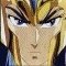 Animated sequence of a character with golden hair and blue eyes in gold armor, transitioning from close-up to full-body pose against snowy landscape.