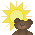 Pixelated brown bear with yellow sun behind it, showing four sequential poses: neutral face, arms raised, wearing white glasses, and arms lowered.