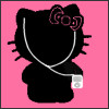 Black silhouette of a cat-like character with a bow, holding a white device with a circular button against a pink background.