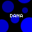 Pixelated blue circles on black background with four instances of white text reading DANA.